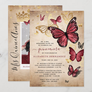 Burgundy en Gold Butterfly Quinceanera Birthday Kaart