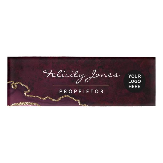 Burgundy en Gold Geode Agate Precious Stone Name Naambadge (Voorkant)