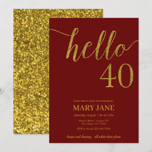 Burgundy en Gold Glitter 40th Birthday Invitation Kaart