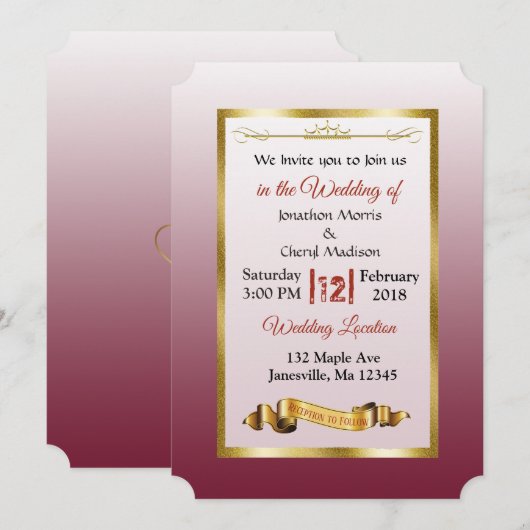 Burgundy en Gold Gradient Wedding Invitations Kaart (Voorkant / Achterkant)