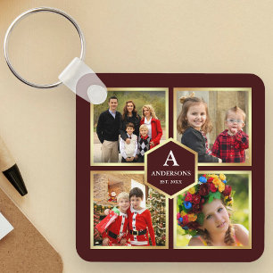 Burgundy en Goud 4 foto's Familie Fotocollage Sleutelhanger