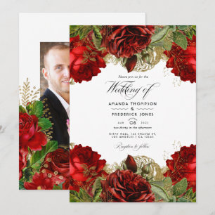 Burgundy en goud vintage chic rozen trouwfoto kaart