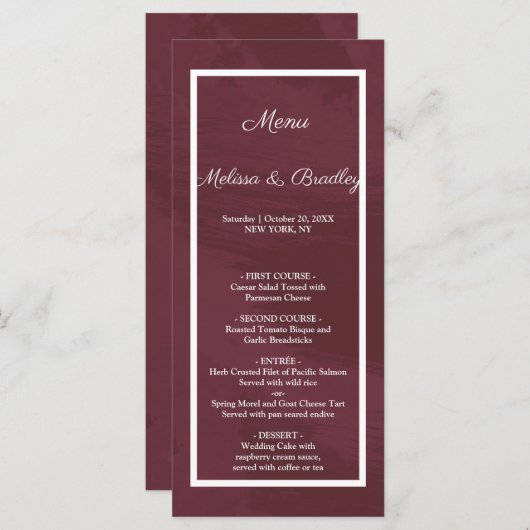 Burgundy en gouden glitterschortmenu programma (Voorkant / Achterkant)