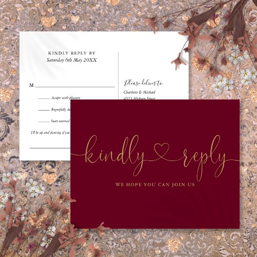 Burgundy En Gouden Hart Script Song Request RSVP Uitnodiging Briefkaart