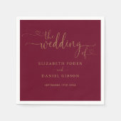Burgundy En Gouden Hart Script Trouwkaart Servet (Voorkant)