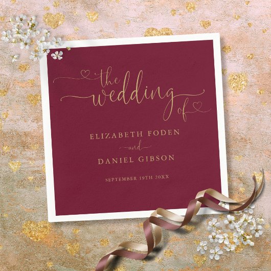 Burgundy En Gouden Hart Script Trouwkaart Servet