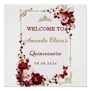 Burgundy en Gouden Quinceañera Welkom Print Perfect Poster
