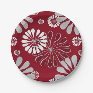 Burgundy en Gray Floral Pattern Papieren Bordje