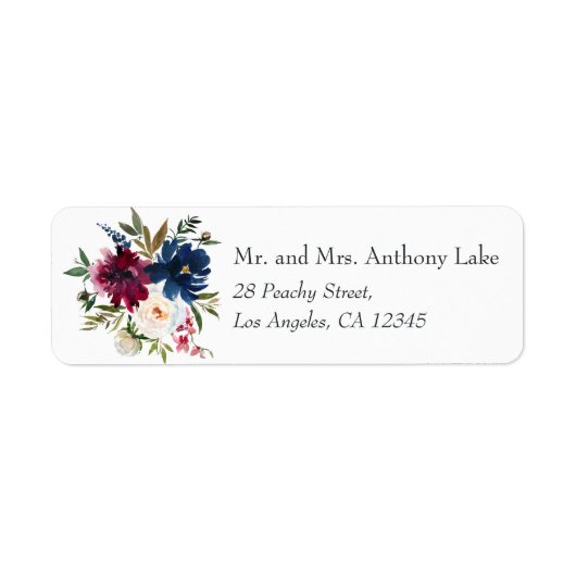 Burgundy en marineblauwe bloemen etiket (Voorkant)
