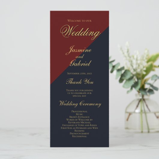 Burgundy en Navy Blue Wedding Programme Programma (Staand voorkant)