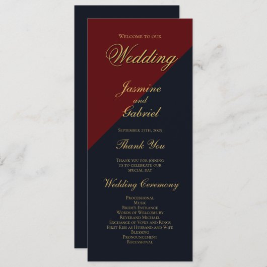 Burgundy en Navy Blue Wedding Programme Programma (Voorkant / Achterkant)