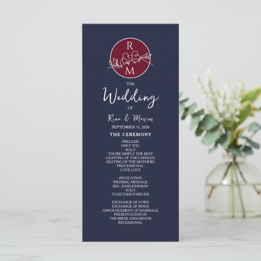 Burgundy en Navy Blue Wedding Programme Programma (Staand voorkant)