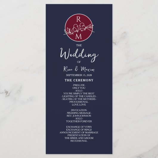 Burgundy en Navy Blue Wedding Programme Programma (Voorkant)