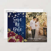 Burgundy en Navy Blue Wedding Save the Date Photo Aankondigingskaart (Voorkant / Achterkant)