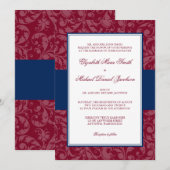 Burgundy en Navy Damask Swirl Wedding Invitations Kaart (Voorkant / Achterkant)