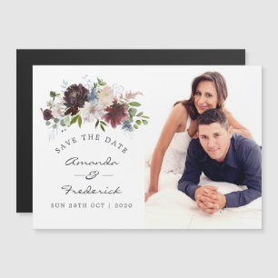 Burgundy en Navy Floral Wedding Save the Date Magnetische Uitnodiging