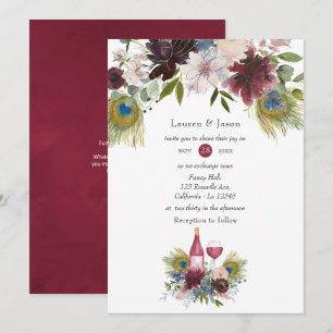 Burgundy en Navy Peacock Wine met gemarteld huweli Kaart