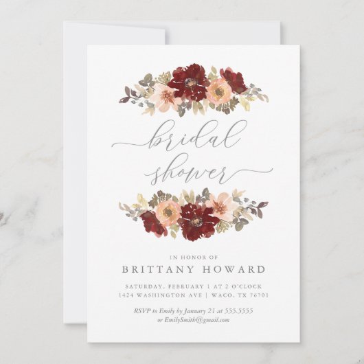 Burgundy en perzik bloemige bruidsdouche uitnodigi kaart (Voorkant)