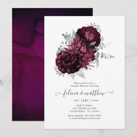Burgundy en Silver Floral Couples Shower Kaart (Voorkant / Achterkant)
