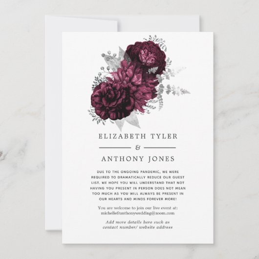 Burgundy en Silver Floral Reduced Wedding Guests Aankondiging (Voorkant)