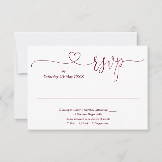 Burgundy En Witte Script Hart RSVP Kaart (Voorkant)
