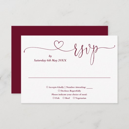 Burgundy En Witte Script Hart RSVP Kaart (Voorkant / Achterkant)