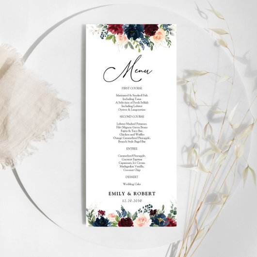 Burgundy et Marine Floral Mariage Ceremony Menu