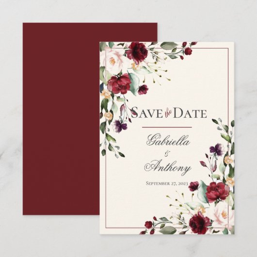 Burgundy Eucalyptus Floral Wedding Save the Date (Voorkant / Achterkant)
