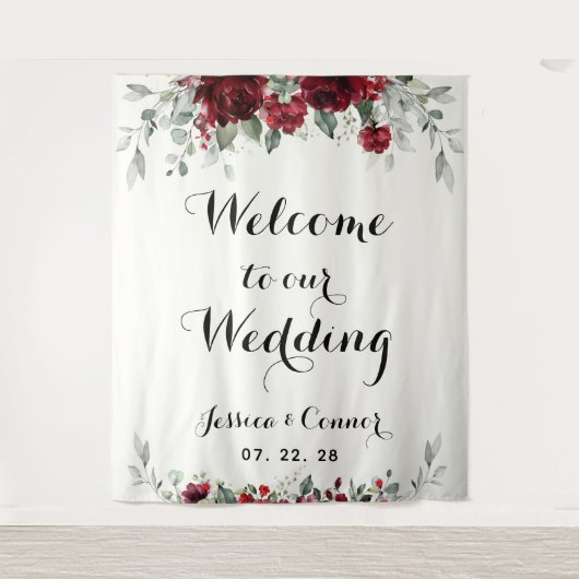 Burgundy Eucalyptus Zilver Welkom Op Onze Bruiloft Wandkleed (Voorkant)