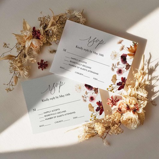 Burgundy Fall Boho Floral Wedding Carte RSVP