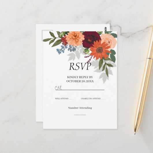 Burgundy Fall Garden Floral Wedding Carte RSVP (Devant/Arrière en situation)