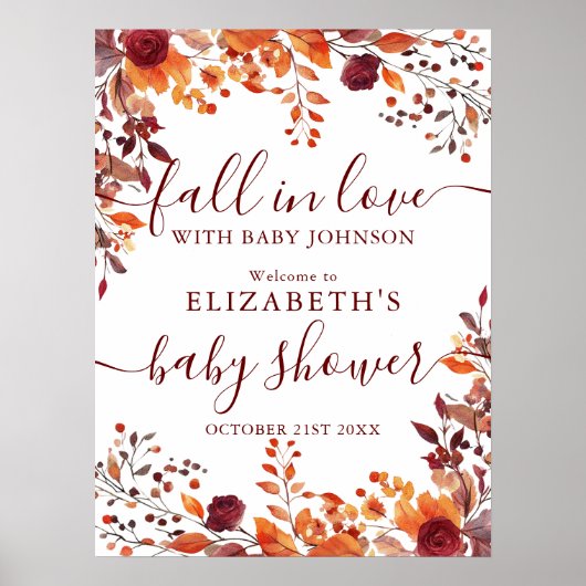 Burgundy Fall In Love Baby shower Affiche de bienv (Devant)