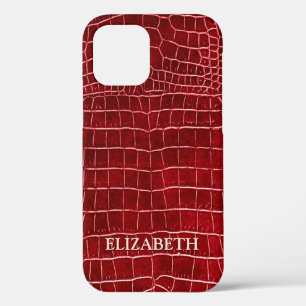 Burgundy Faux Crocodile Leather Persoonlijke naam iPhone 12 Hoesje
