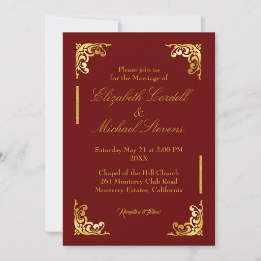 Burgundy Faux Gold Script Faire-part de mariage (Devant)