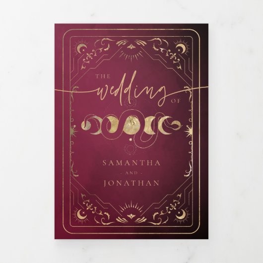 Burgundy & Faux Gold Tarot Celestial Wedding Drieluik Uitnodiging (Cover)