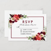 Burgundy Fleurs Aquarelle Boho Mariage RSVP (Devant / Derrière)