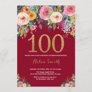 Burgundy Floral 100th Birthday Invitation Gold Kaart