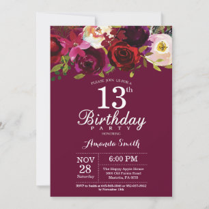 Burgundy Floral 13e uitnodiging van de Birthday Pa