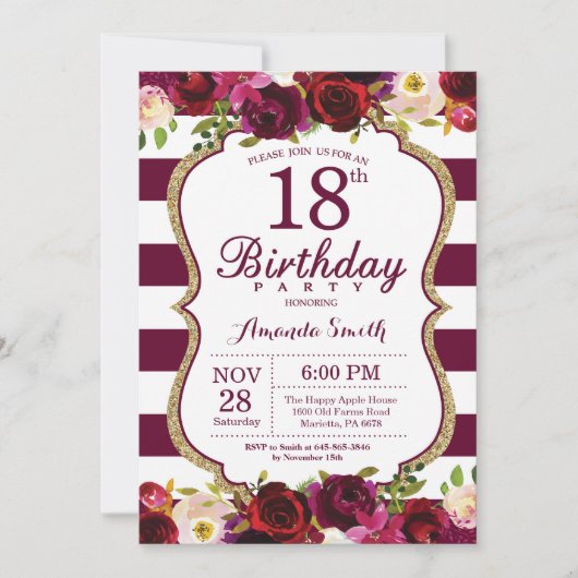 Burgundy Floral 18e uitnodiging van de Birthday Pa (Voorkant)