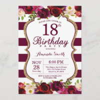 Burgundy Floral 18e uitnodiging van de Birthday Pa