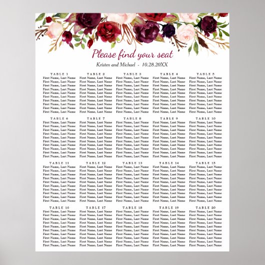 Burgundy Floral 20 Tables Mariage Tableau de siège (Devant)