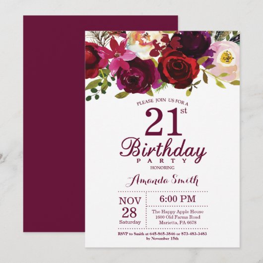 Burgundy Floral 21ste uitnodiging van de Birthday (Voorkant / Achterkant)