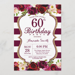 Burgundy Floral 60th Birthday Party Invitation Kaart