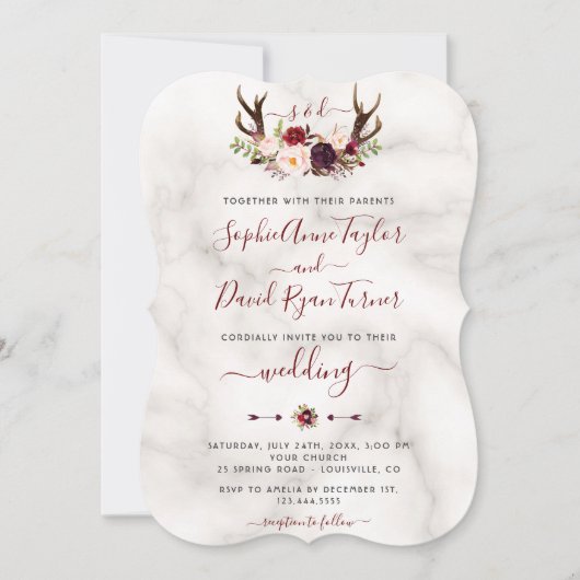 Burgundy Floral Antlers Calligrafie Marmer Wedding Kaart (Voorkant)