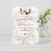Burgundy Floral Antlers Calligrafie Marmer Wedding Kaart (Staand voorkant)