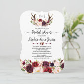 Burgundy Floral Antlers Handwriting Bridal Shower Kaart (Staand voorkant)