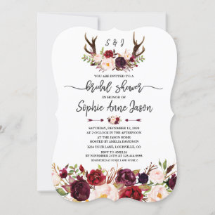 Burgundy Floral Antlers Handwriting Bridal Shower Kaart