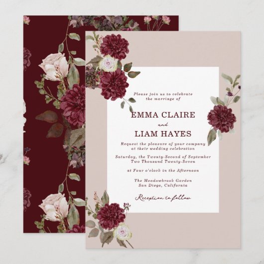 Burgundy Floral Autumn Wedding Invitation (Devant / Derrière)