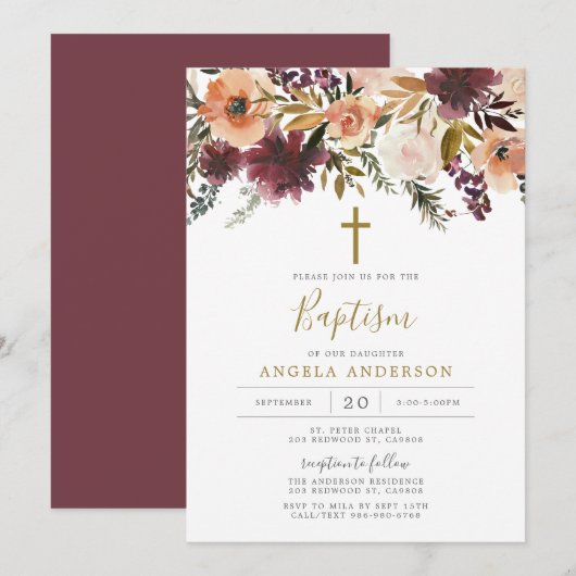 Burgundy Floral Baptism/Christening Uitnodiging (Voorkant / Achterkant)