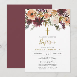Burgundy Floral Baptism/Christening Uitnodiging